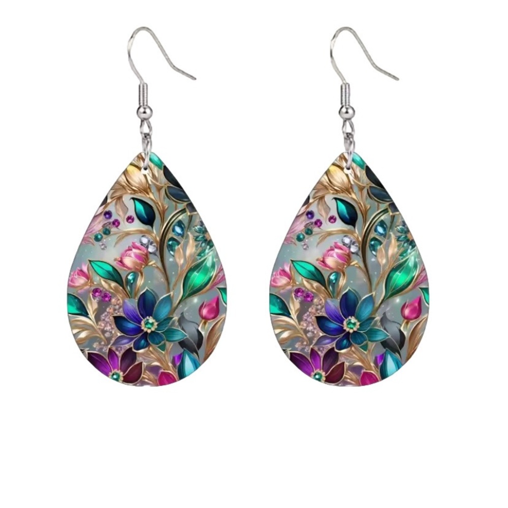 Floral Teardrop Gemstone Earrings with Multicolor Design - Picture 1 of 4